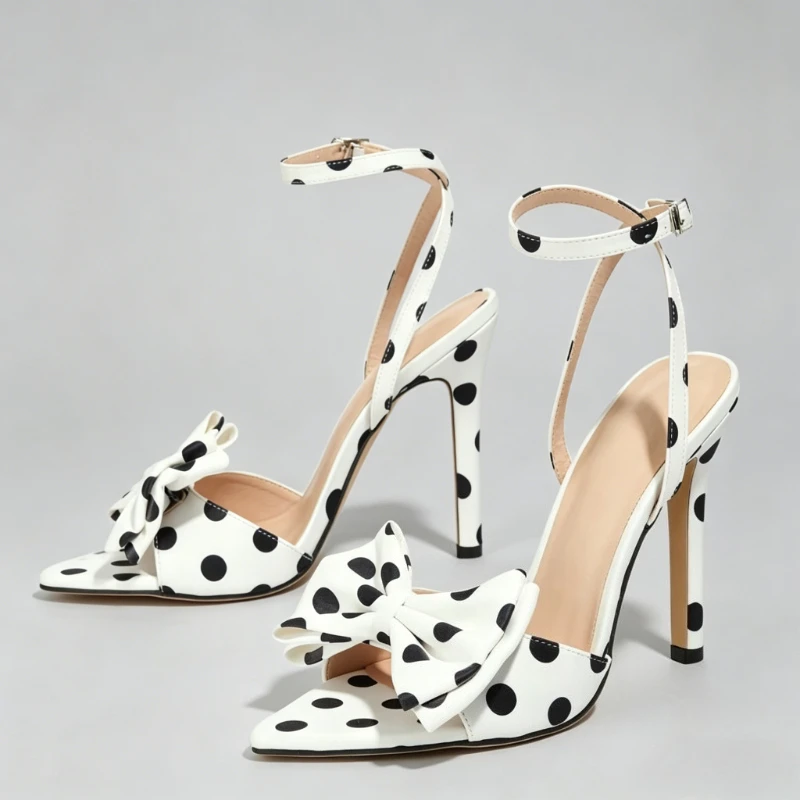 

Polka Dot Butterfly Knot Thin Heels Women Sandals Open-toe Ankle Cross Band Elegant Backless Banquet Party Shoes Women Pumps