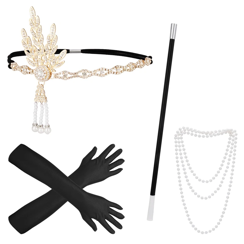 Women 20s Headband Pearl Necklace Gloves Cigarette Holder Anime Earring Set Vintage 1920s Flapper Costume Accessories Set