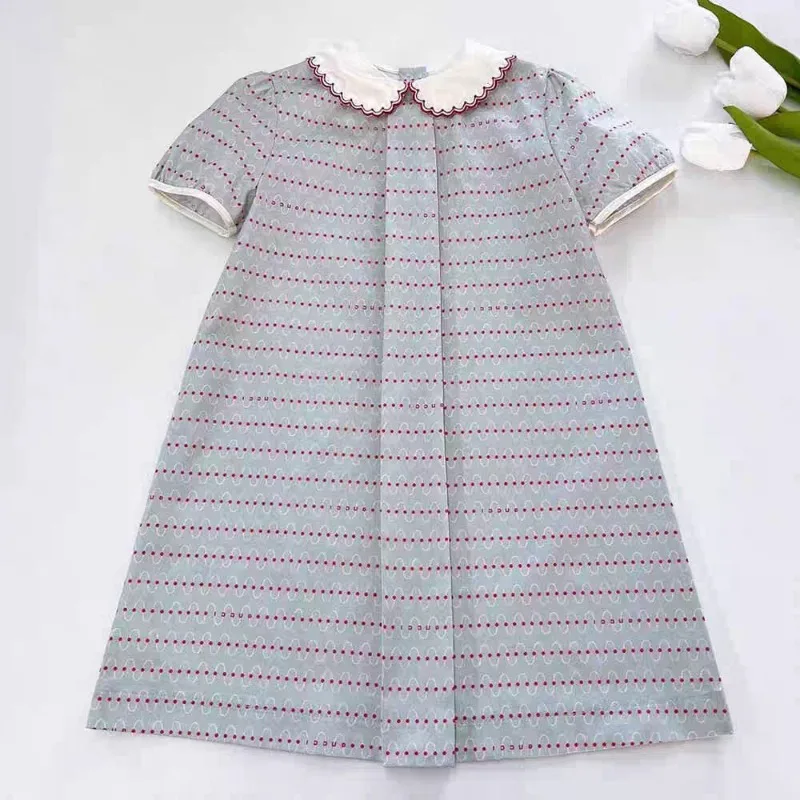 Girls Italian Polka Dot Curve Print Lapel Light Blue Short Sleeve Dress Summer College Style Doll Collar Dress