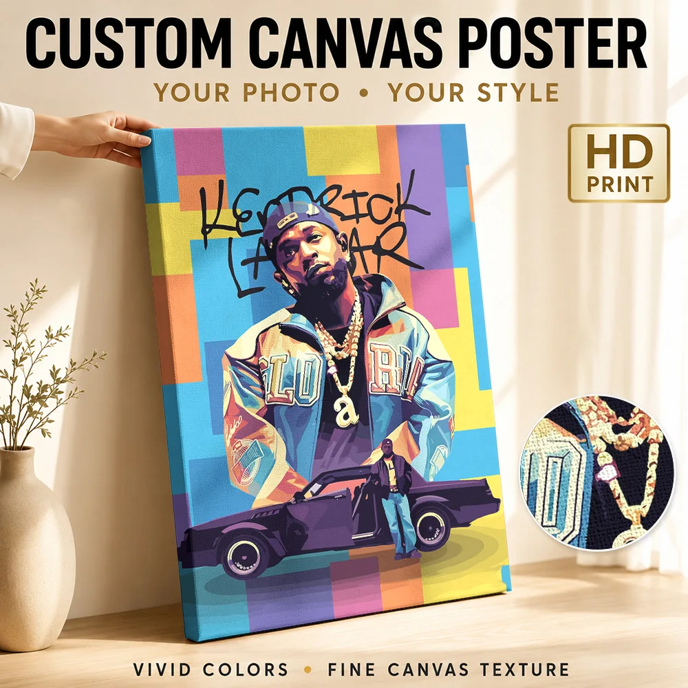 Kendrick Lamar Portrait with Car Canvas Poster Customized Photo Retro Music Wall Paintings Decoration for Studio Ready to Hang
