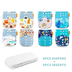 8 Diapers+8 Inserts Baby Cloth Diapers One Size Adjustable Washable Reusable Cloth Nappy For Baby Girls and Boys