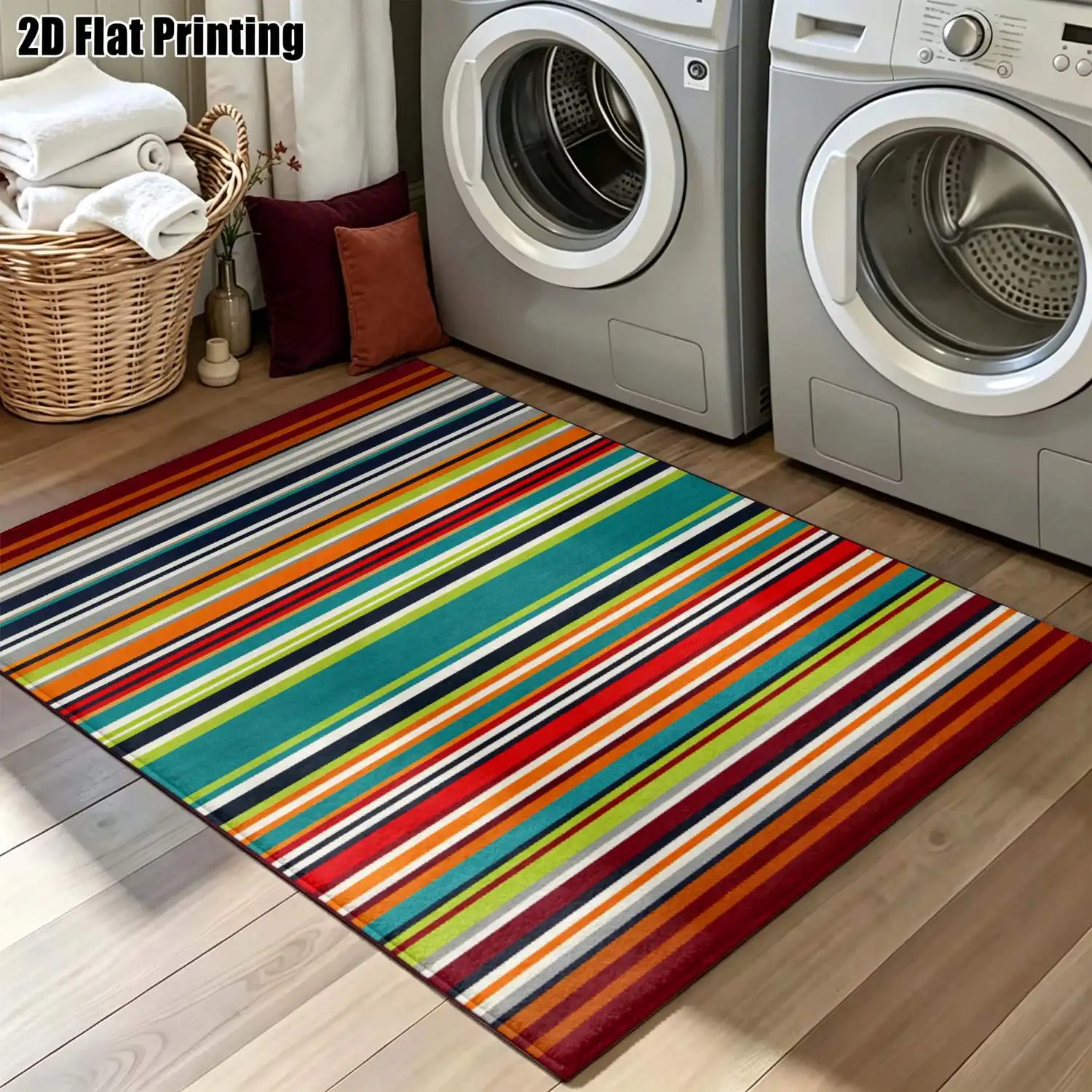 1Pc 2D Printed Colorful Contrast Striped Carpet Modern Simple Instagram-Style Decor Mat, Machine Washable, Multi-Size for Home Multi-Scene