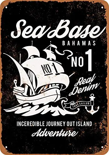 Wall-Color  Metal Sign - Sea Base Bahamas Denim (Black Background) - Vintage Look