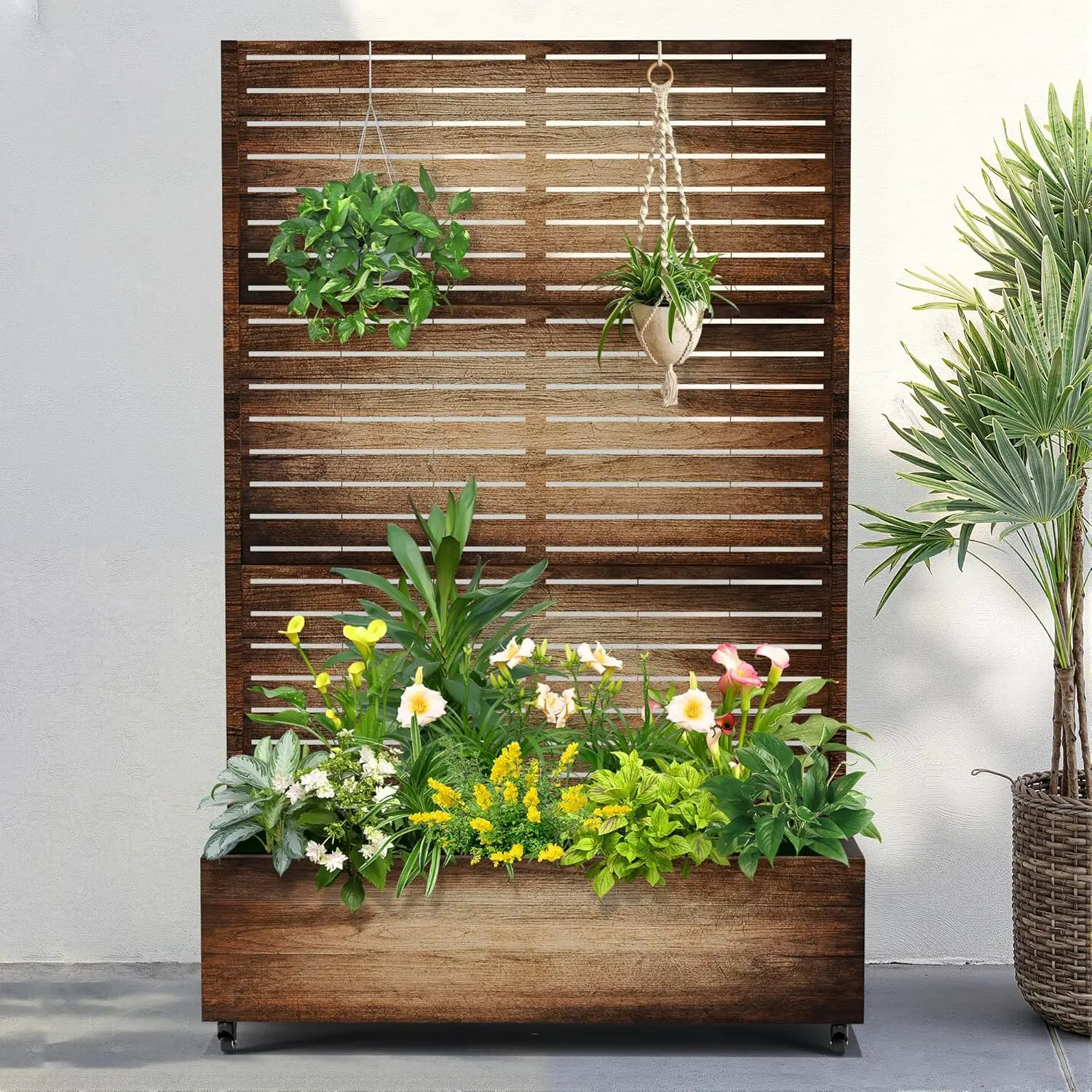 

Металлическая садовая кровать с колесиками и решеткой, кашпо размером 73 x 47 x 16 дюймов для вьющихся растений, овощей и лоз, особенности Privac