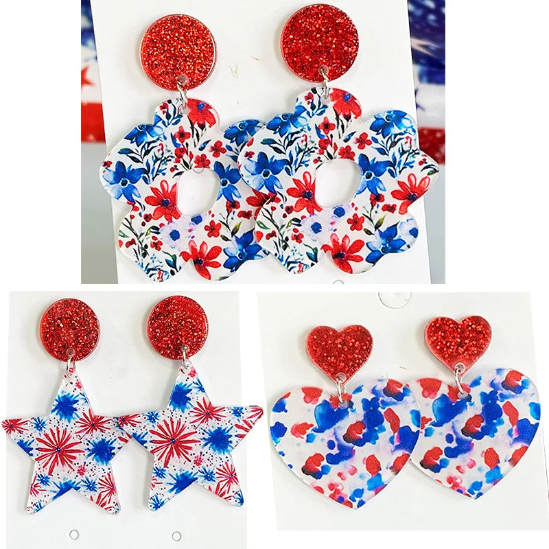 Fashion American Independence Day Flower Earrings Summer Cool Flowers Shining Bohemian Star Love Pattern Independence Earrings