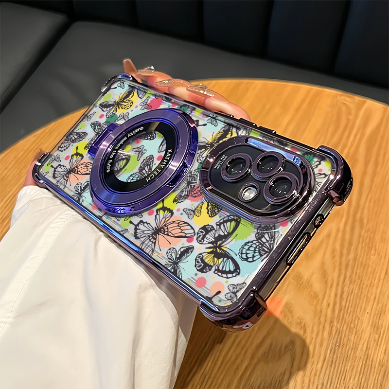 Capa de Telefone Luxuosa e Resistente a Impactos Magic 8 Lite para Honor Magic 7 6 Lite, Transparente com Estampa de Borboleta e Suporte