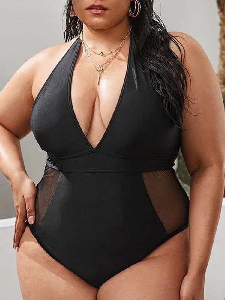 

Сексуальный сетчатый лоскутный купальник больших размеров, женский купальник с v-образным вырезом и лямкой на шее, большой цельный купальник, пляжный женский пухлый пышный купальный костюм