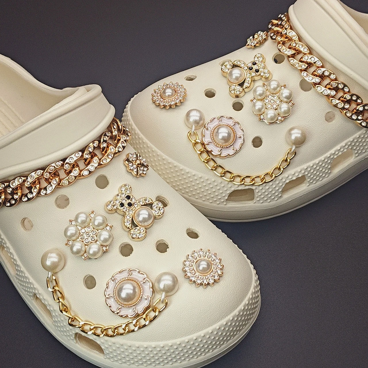 Moda złoty miś zawieszki do butów dla Crocs Rhinestone perła buty ogrodowe dekoracje damskie akcesoria obuwnicze dekoracje weselne