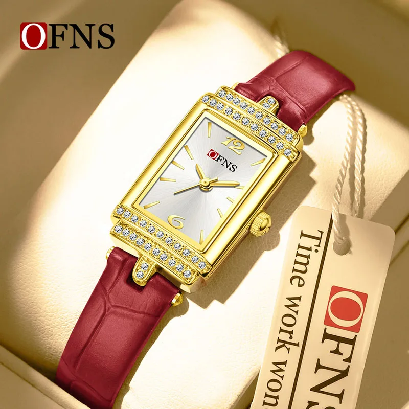 

Ofns7218 Fashion Diamond Set Small Square Watch French Luxury Quartz 3atm Waterproof Two Layer Leather Strap Women's