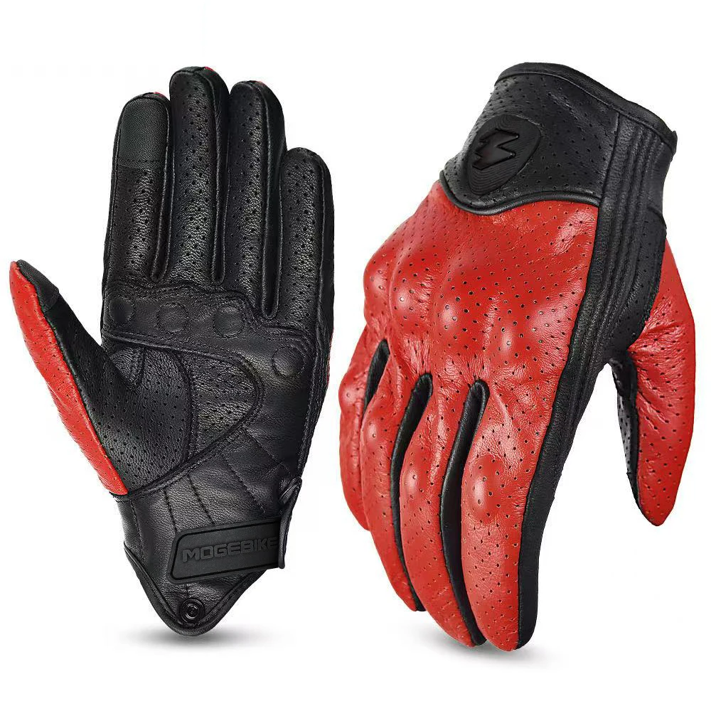 Retro White Leather Motorcycle Gloves Men Women Breathable Perforated Motorbike Racing Gloves Touch Screen Motocross Moto Glove