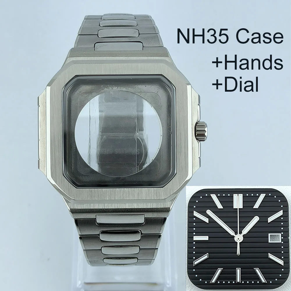 NH35 Watch 38.5mm Square case Parts Folding clasp WatchBand For Nau Modified Fit NH35 NH38 Movement Sapphire Crystal Glass