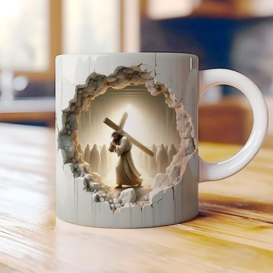 11oz Inspirational 3D Jesus and Cross Mug Wrap - Ceramic Sublimation Design, Religious Christian Theme, Hand-Wash Only, Ideal fo