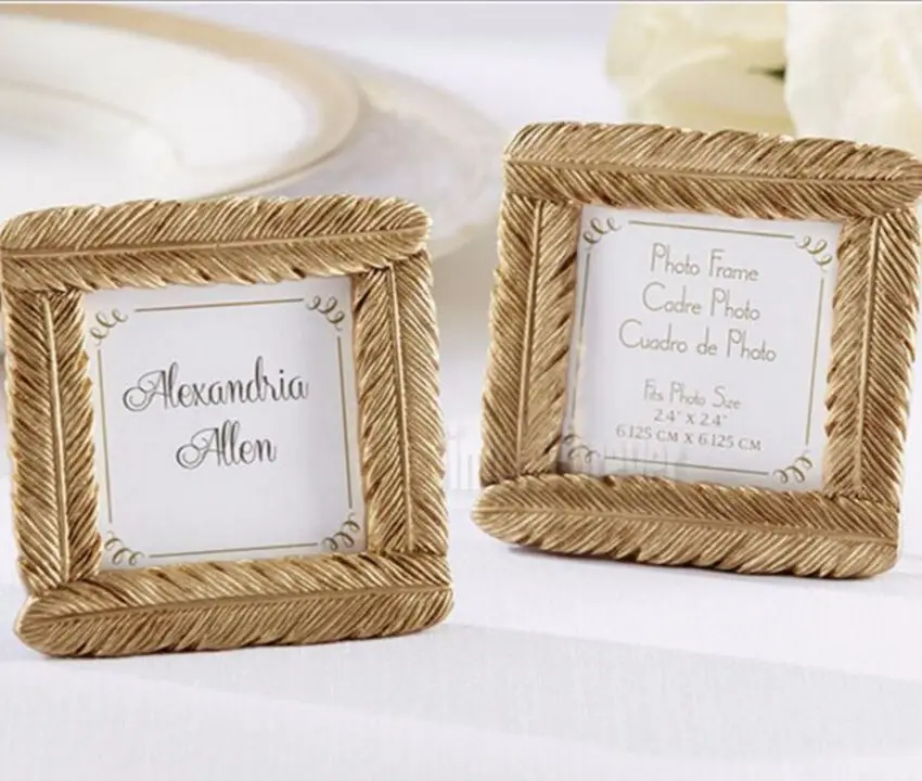 

Free Shipping +50pcs/Lot+High Quality Gold Resin Feather Photo Frame Baby Shower Favors Wedding Party Giveaway