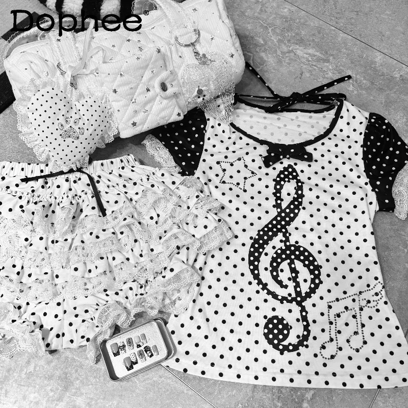 

Y2k Subculture Ancient Feeling Polka Dot Bow Short Sleeve 2026 Summer Japanese Sweet and Cool Babes Lace Pumpkin Pants Set