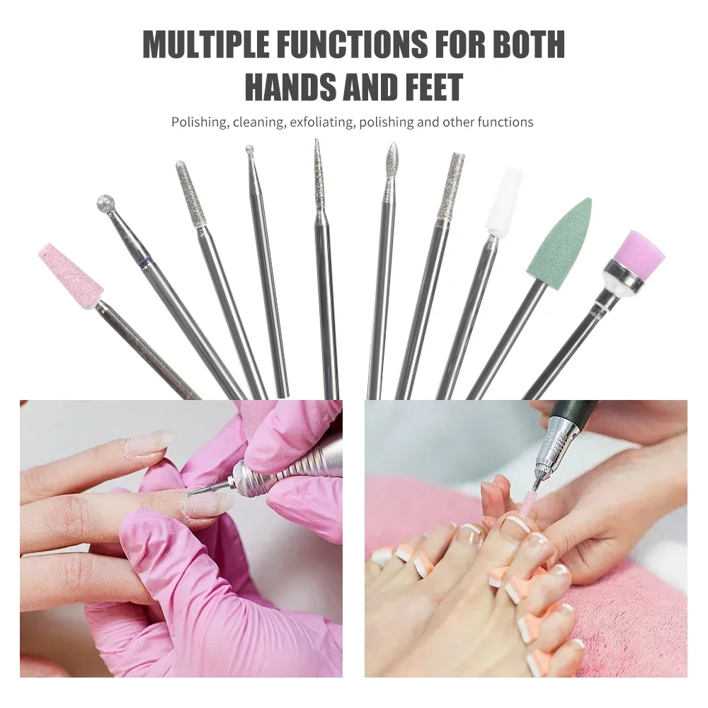 10Pcs/box Carbide Diamond Nail Drill Bits Multi Functional Milling Cutter For Manicure Pedicure Nail Dead Skin Pretreatment Tool