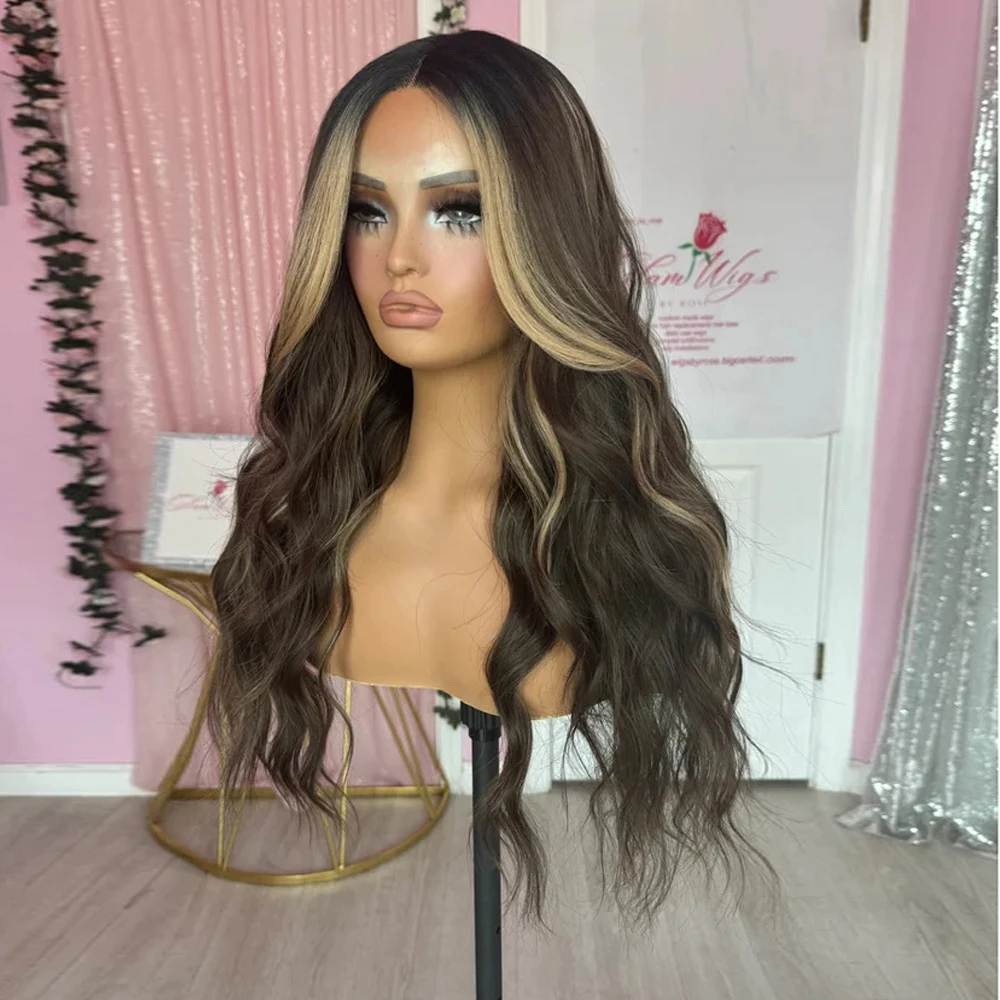 شعر مستعار بدانتيل أمامي سهل الاستخدام بطول 60.96 سم مع شريط مرن من الشعر البشري الاصطناعي المخلوط من الألياف الداكنة المموجة المقاومة للحرارة