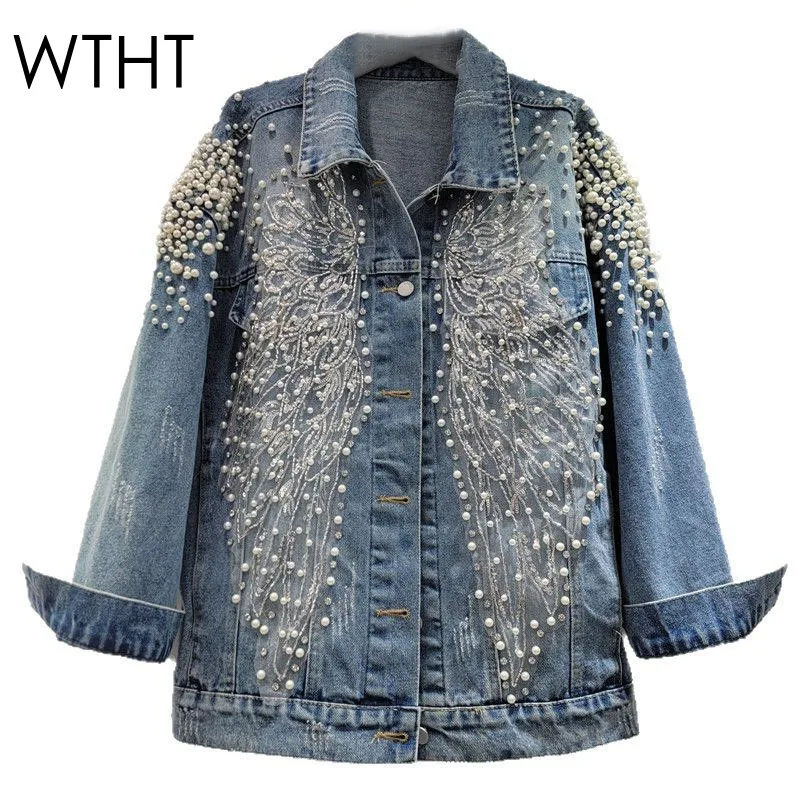 

WTHT, новинка 2025, летняя женская джинсовая куртка нестандартной формы с 3D бисером, однобортное пальто с отложным воротником, женское 1LS1364