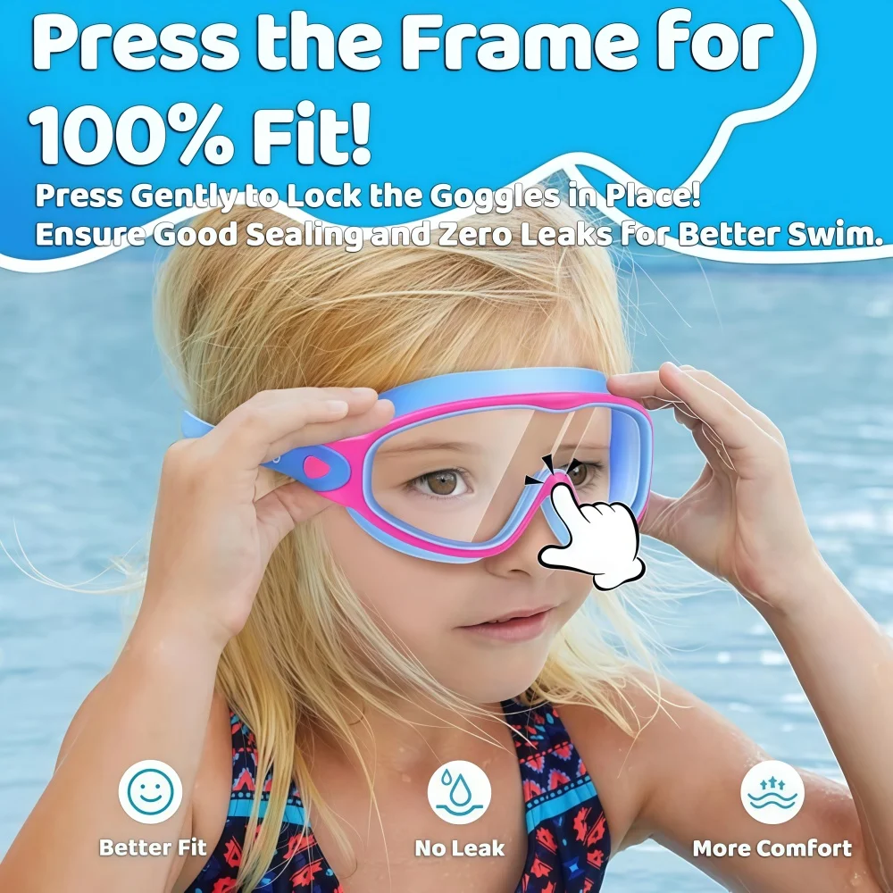 Kids Large Frame Swim Goggles with Nose Clips And Earplugs Anti Fog UV Protection Clear Vision for Boys Girls Youth (3-15 Years)