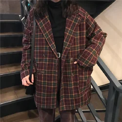 Korean ulzzang loose plaid woolen coat female autumn new ins Harajuku vintage fashion suit collar button casual women's jacket