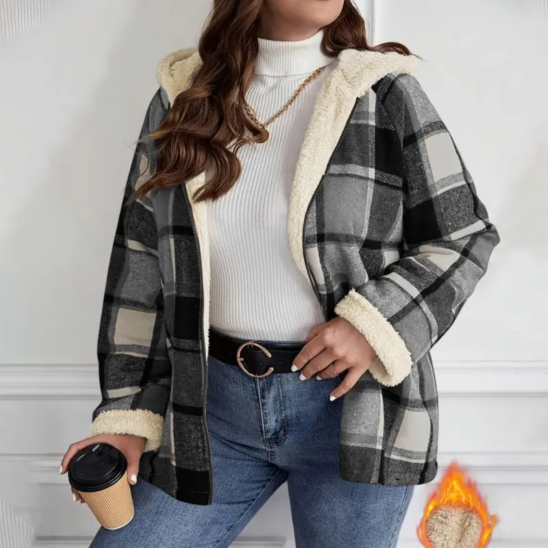 2026 New Autumn/Winter Women's Coat With Grid And Velvet Hoodie Fashionable Comfortable Versatile Daily And Commuter Simple Coat