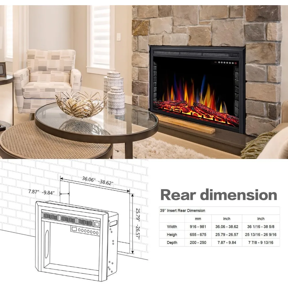 39 مدفأة كهربائية، 5 ألوان لهب قابلة للتعديل، 12 لونًا سجلًا، 5 سرعات سطوع لهب، جهاز تحكم عن بعد، مؤقت، إعلان
