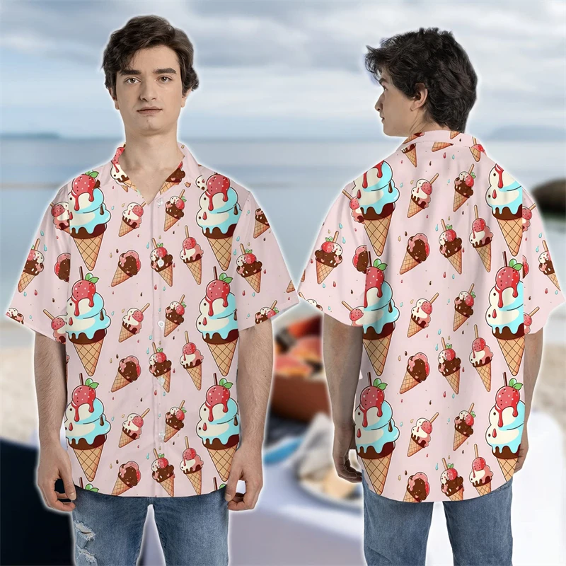 Cartoon Ice Cream Graphic Beach Shirt Harajuku Fashion Shirts For Men Clothes Dessert Female Blouses Women Short Sleeve Y2k Tops