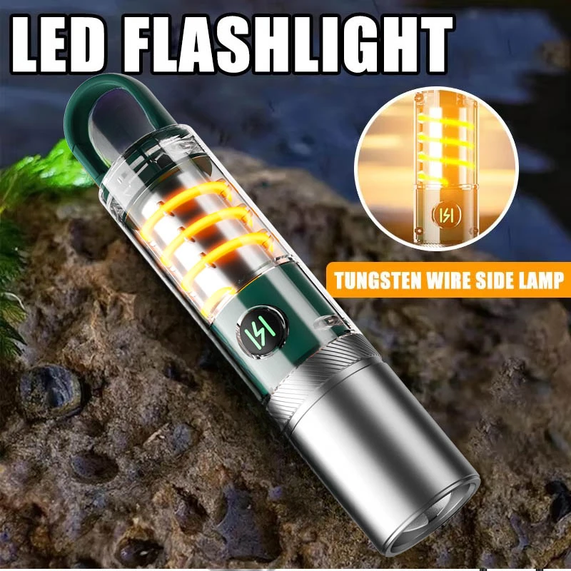 Lámpara LED fuerte de doble fuente, linterna con Zoom telescópico, resistente al agua, recargable por USB, linterna de tungsteno, luz para acampar y pescar al aire libre