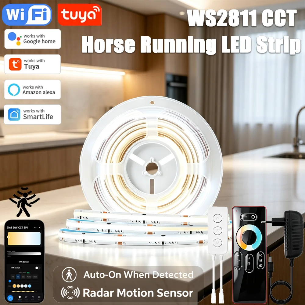 Tuya Smart WIFI 24V WS2811 Flowing Water Led Strip COB CCT Sequential Horse Race Led Light PIR Motion Sensor Room Decor fr Alexa