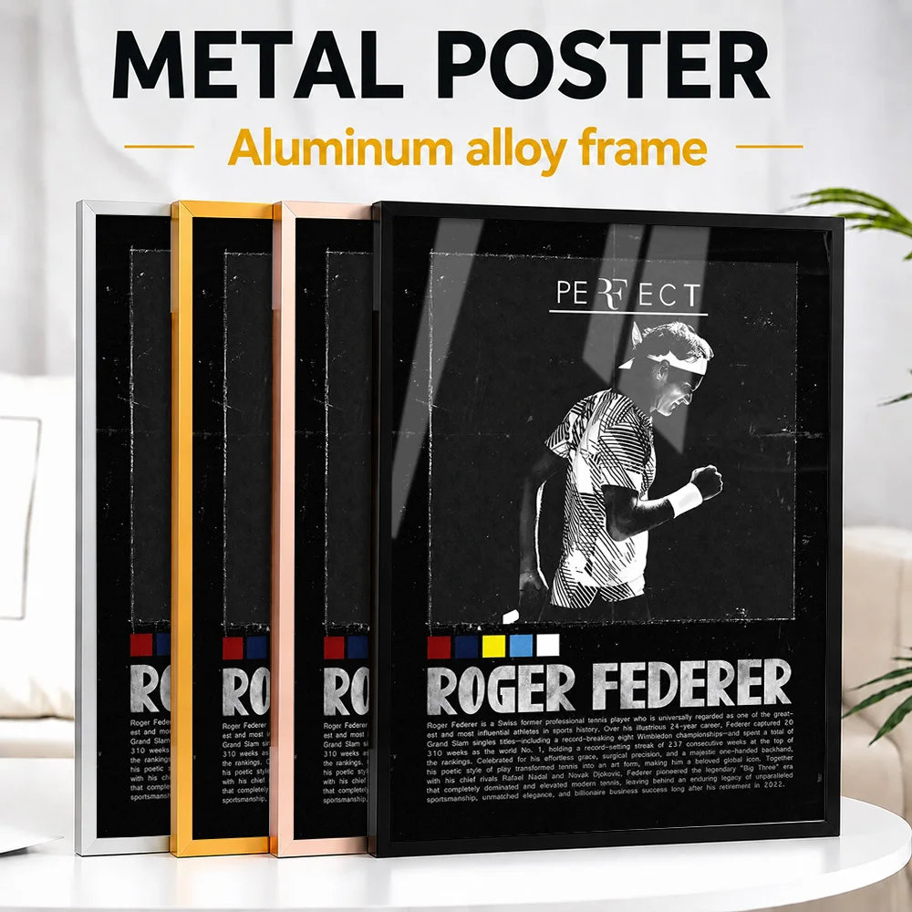Roger Federer 'PERFECT' Framed Metal Poster Personalized Photo Elegant Court Style Wall Art For Sports Bar Ideal Birthday Gift