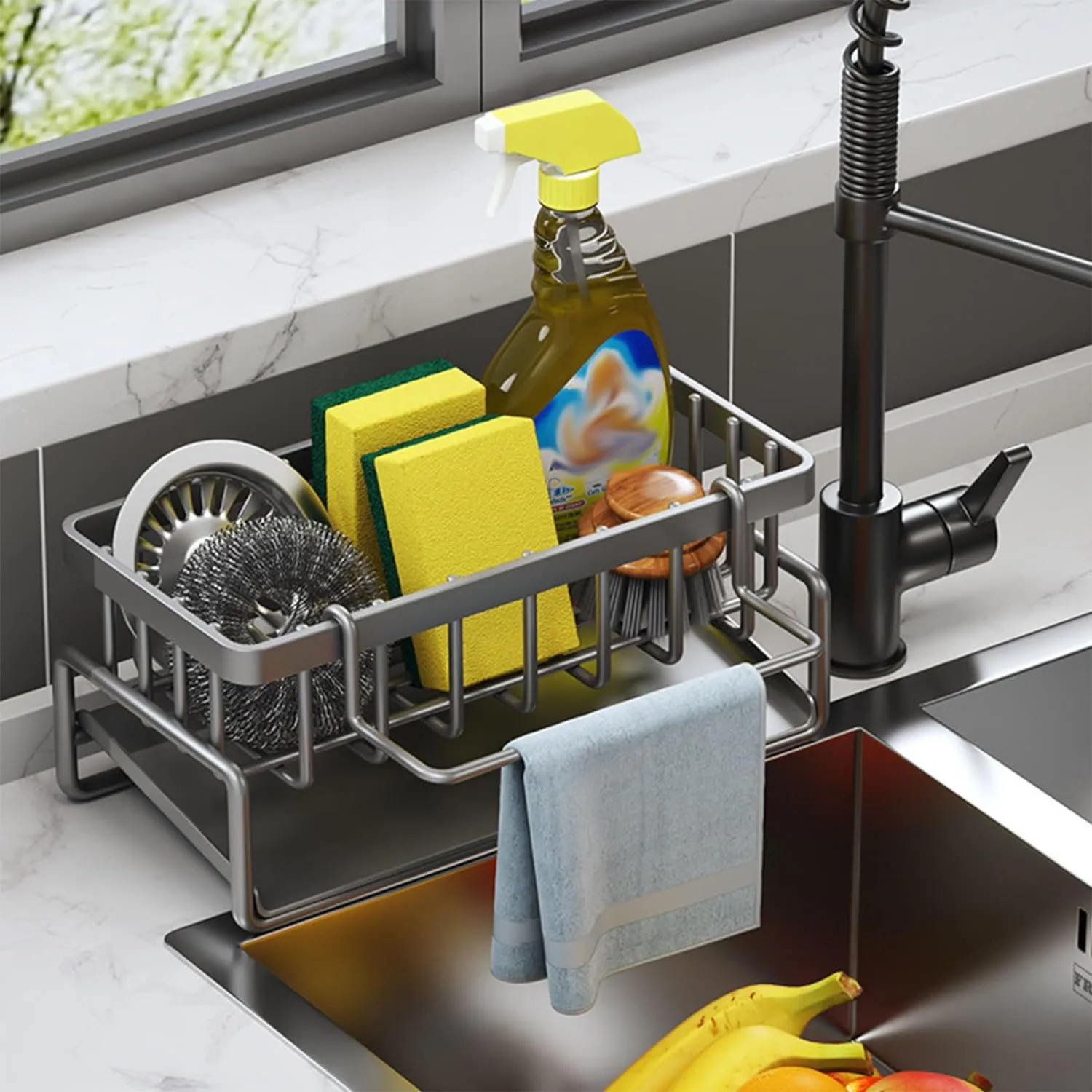 

Kitchen Sink Drain Rack Organizer Carbon Steel Self-Draining Sink Shelf Soap Sponge Storage Holder Dishcloth Towel Rack