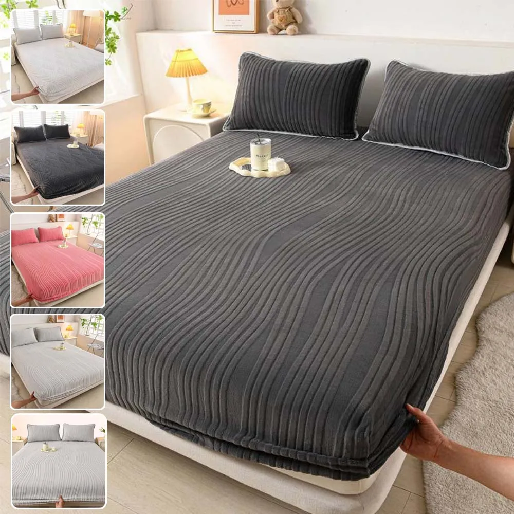 

1PC Winter Embossed Plush Fitted Sheet Premium Milk Fleece Mattress Protector Cover for Single Queen King Size Elastic Bed Sheet