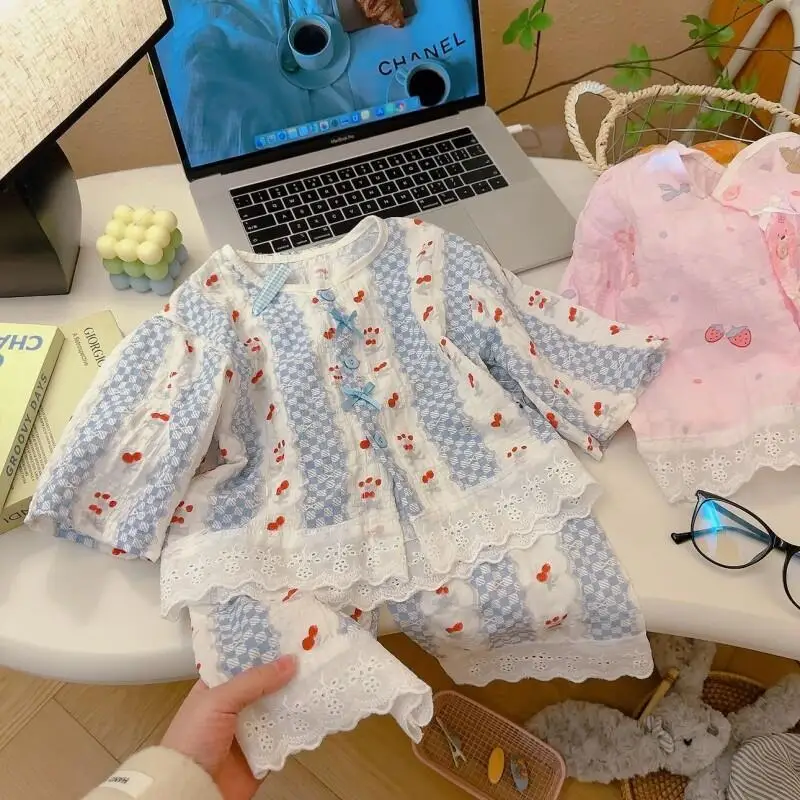 Children's Spring/summer New Girl's Time Cotton Home Clothes Set Sweet Lace Pajama Two Piece Set