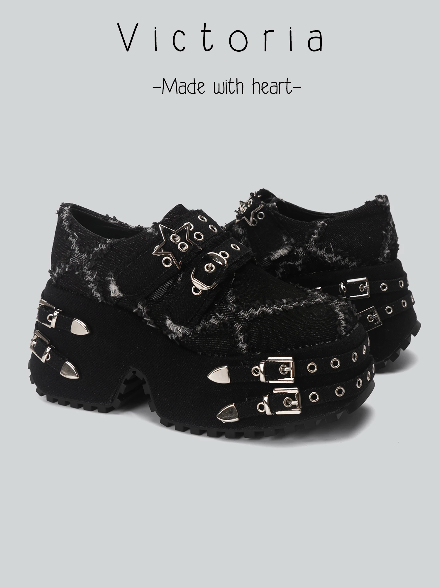 

Star Bule Thi Bot Platform oes Women's Winter New Sle Tassel Denim Chunky Heel Faion Punk Sle round Toe oes