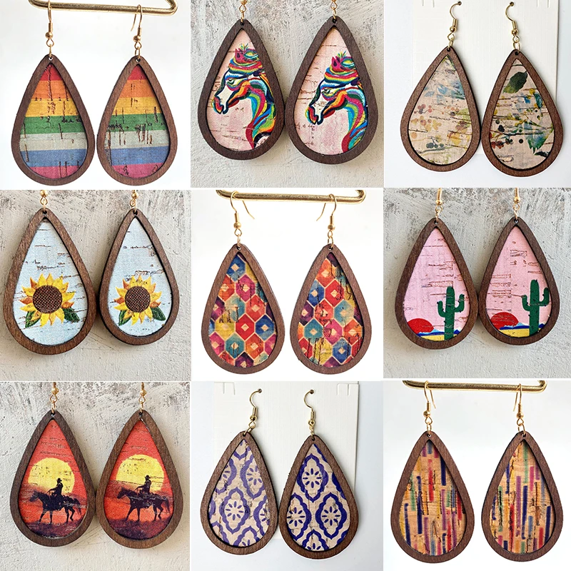 Ink Painting Wooden Earrings For Women Horse American Western Cowboy Sunset Sunset Idyllic Color Patchwork Striped Drop Earrings