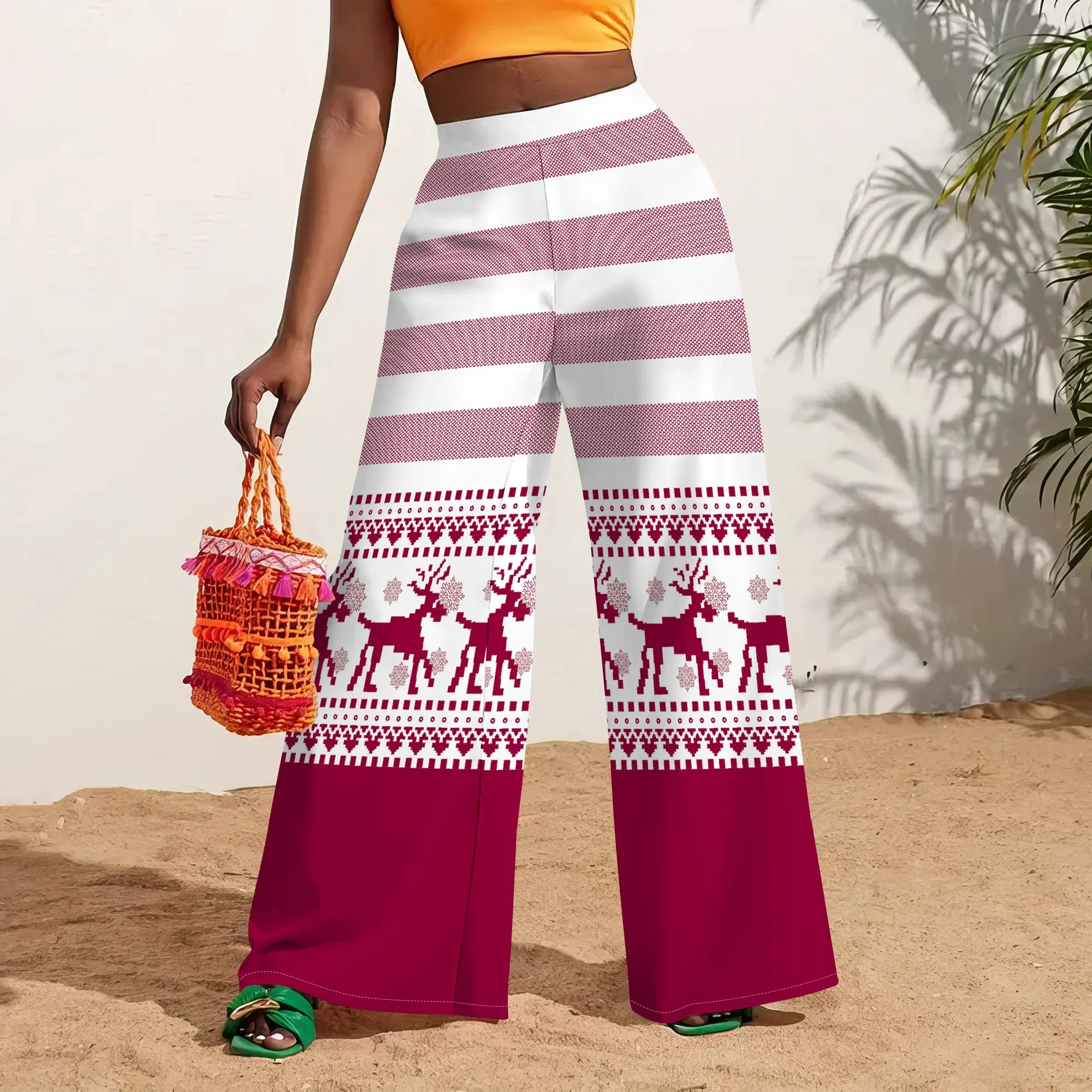 Denim Patch Pocket Print High Waist Wide Leg Pants for Women Vintage Casual Trousers