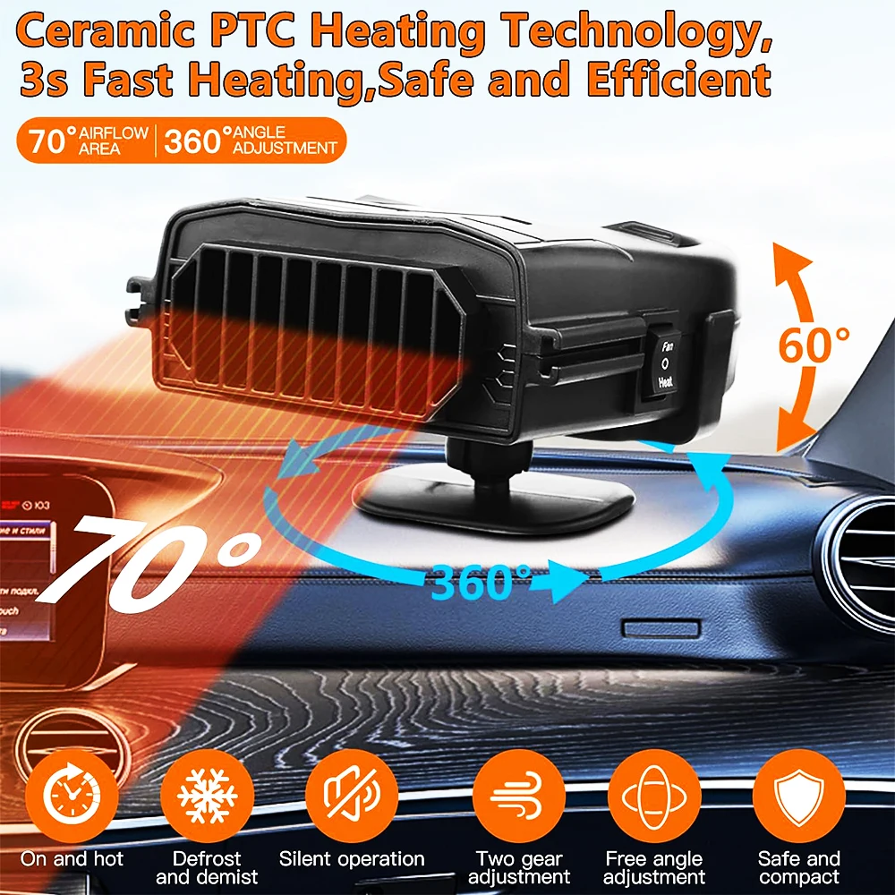 Car Heater Air Cooler Fan Demister Defroster 12V Heating Defrosting Tool Easily Installation Personal Car Elements