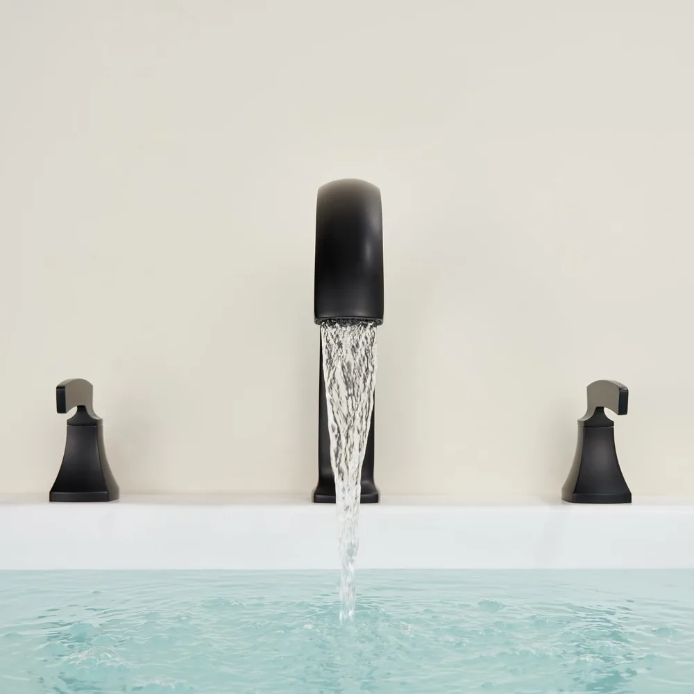 Black Deck-Mounted 3-Hole Waterfall Tub Filler with Brass Handles for Roman Tub Bathroom Faucets