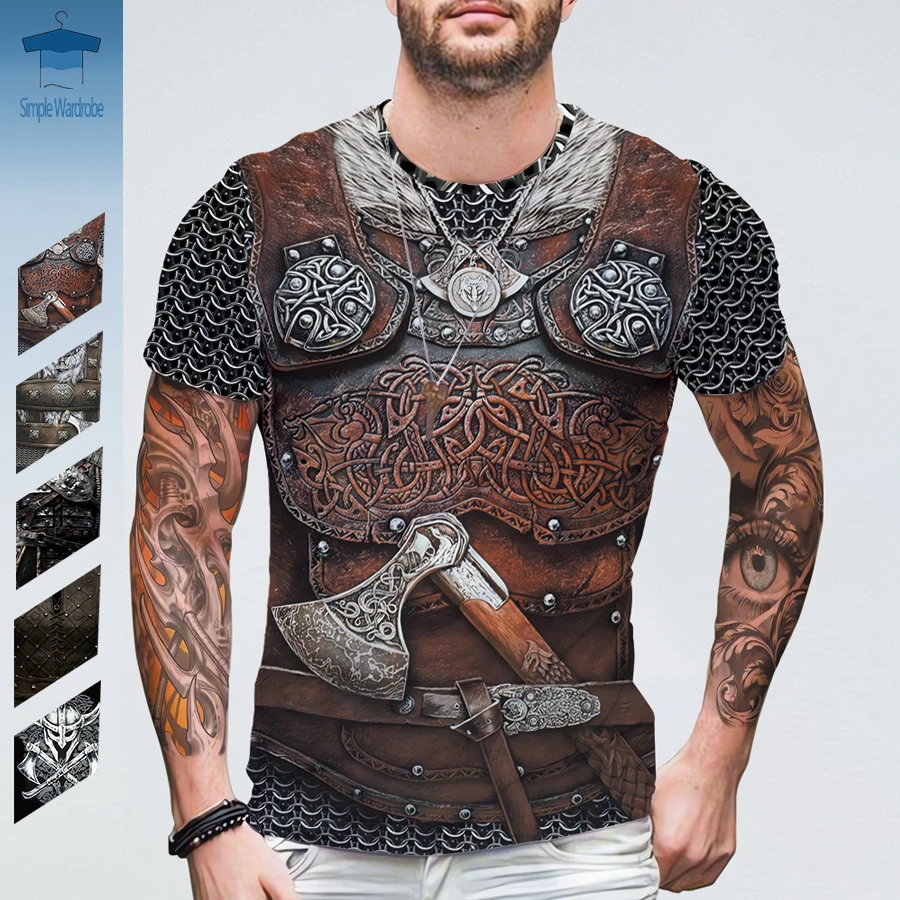 Popular Viking Armor Vintage Oversized Men Clothing 3D Print Graphic T Shirts Polyester Harajuku Summer Short Sleeve Casual Tee