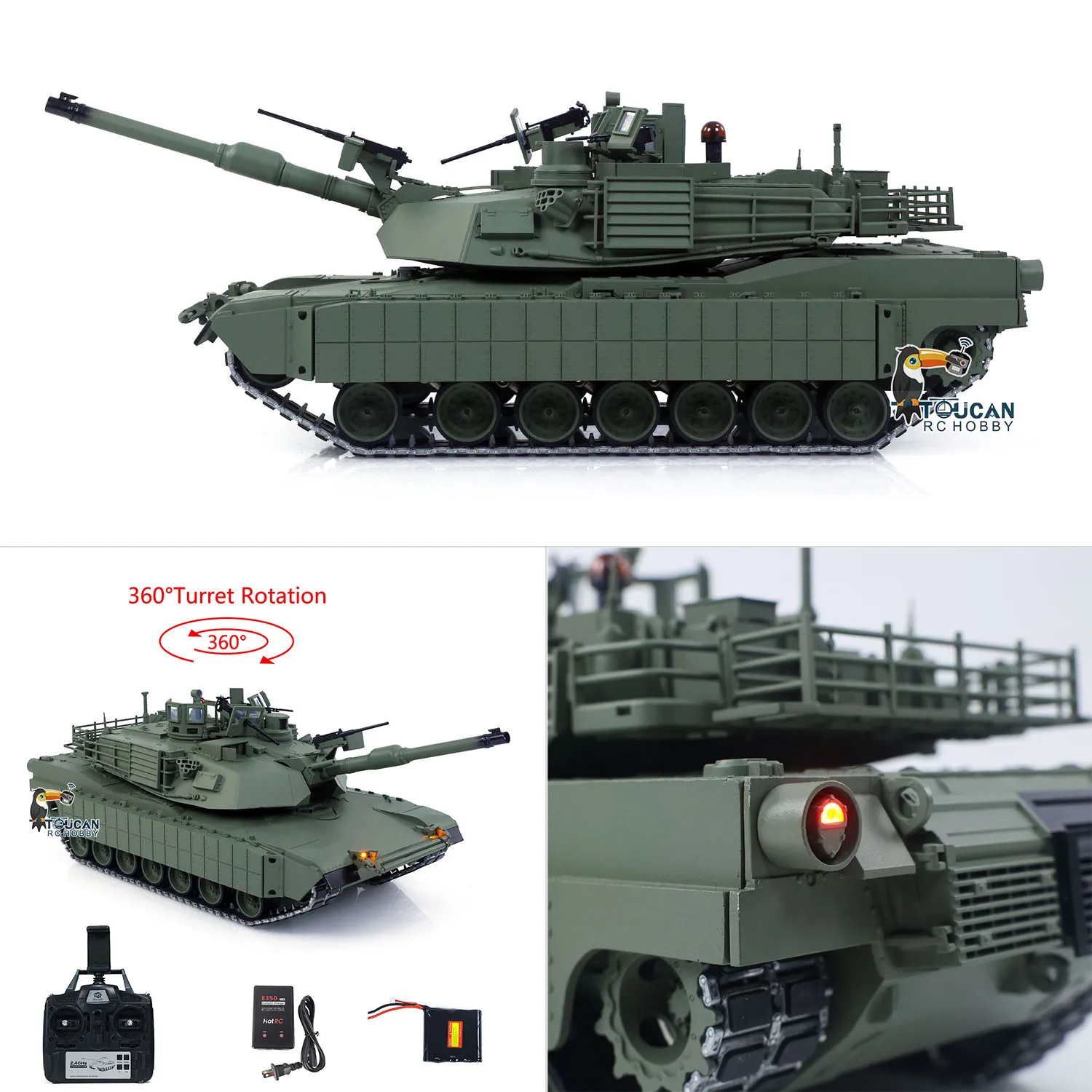 TUSK I TOUCAN 1:16 Metal M1A2 Abrams RC Tanque 360 Torreta Rotação IR Barril Elevação Recoil Unidades de Fumaça Dupla Periscópio Elétrico