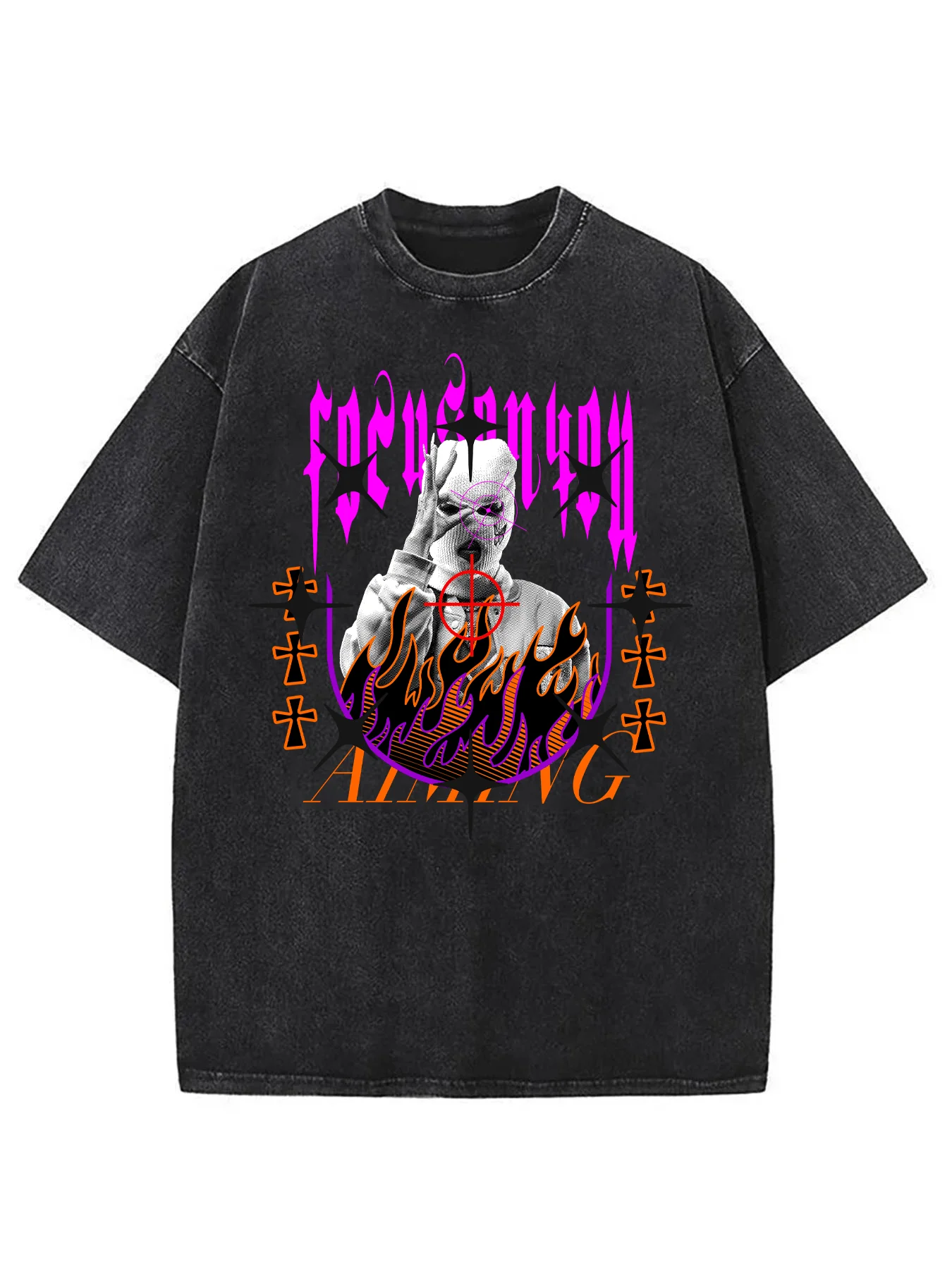 Washed T-Shirt, Vintage Style, with Exquisite Pattern Prints Featuring Flame, Cross, and Text Elements, Casual Street Style T-Shirt, Regular Fit, Round Neck, Flared Hem, Short Sleeves