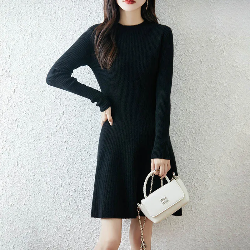 Hot A Skirt Selling New Women's 100% Merino Wool Knitted Dress Autumn Winter Thick O-Neck Pullover Long Sweater Casual Dress
