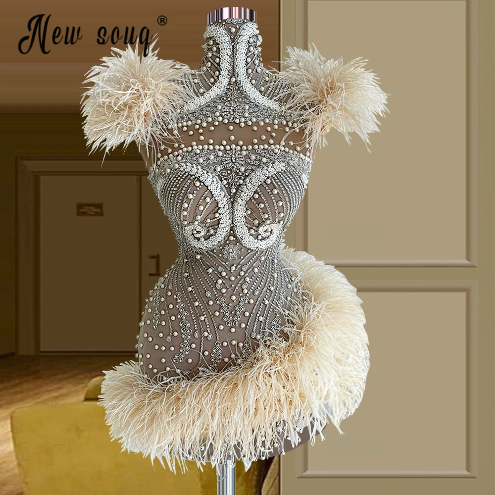 Mini Cocktail Dresses Luxury Feather Champagne Prom Gowns for Black Girl 2022 Party Night Dresses Sexy Mermaid Graduation Dresse