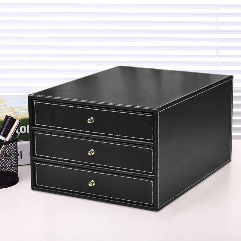 Leather office desktop supplies, document storage cabinet, drawer type data box, three-layer sorting, storage, small size