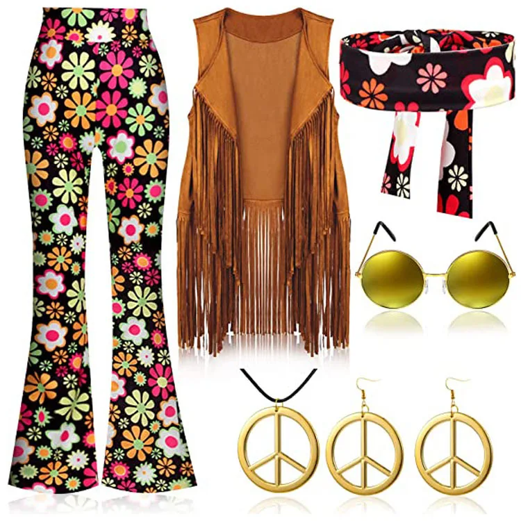 Hippie Costume Women Peace Love Girls Party 60s 70s Hippie Stage wear Costume Indian Tassels Hippie Performance Accessories