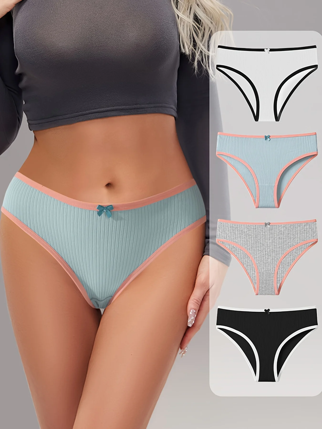 4pcs Girl's minimalist color blocked underpants, comfortable and breathable threaded student triangle pants