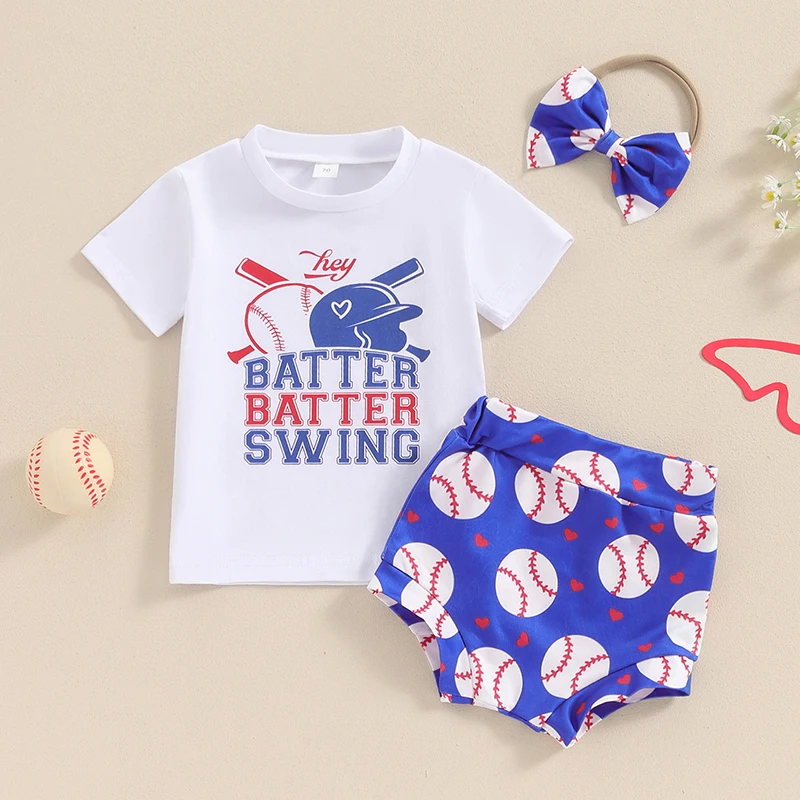 

2024-04-05 Lioraitiin Baby Girl Summer Clothes Set Baseball Print Short Sleeve Tops Shorts Bow Headband Infant Toddler Outfits