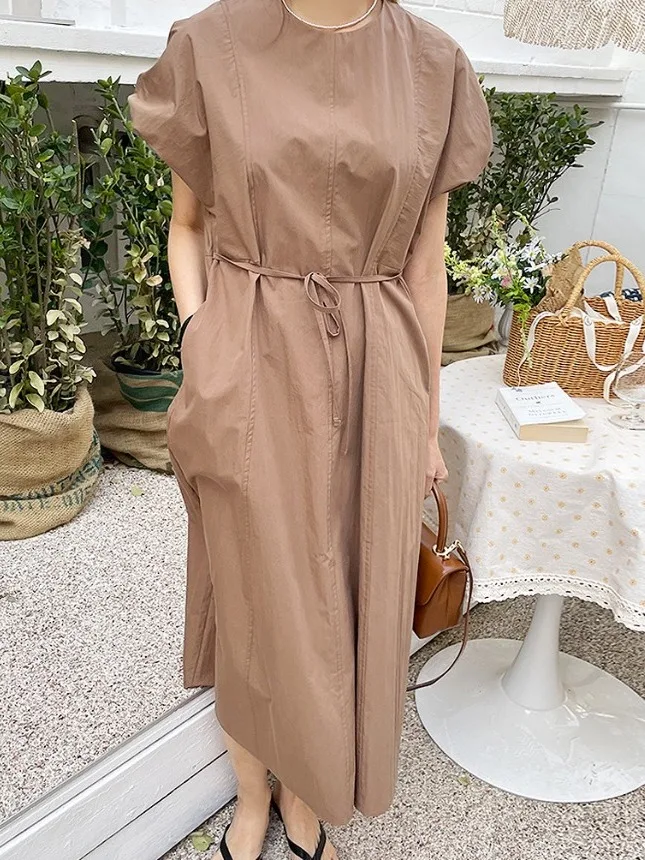 Ele Simple Belted Bubble Sve Dr Gonna a trapezio leggera estiva a vita alta da donna Sle Commute ort Sve round...