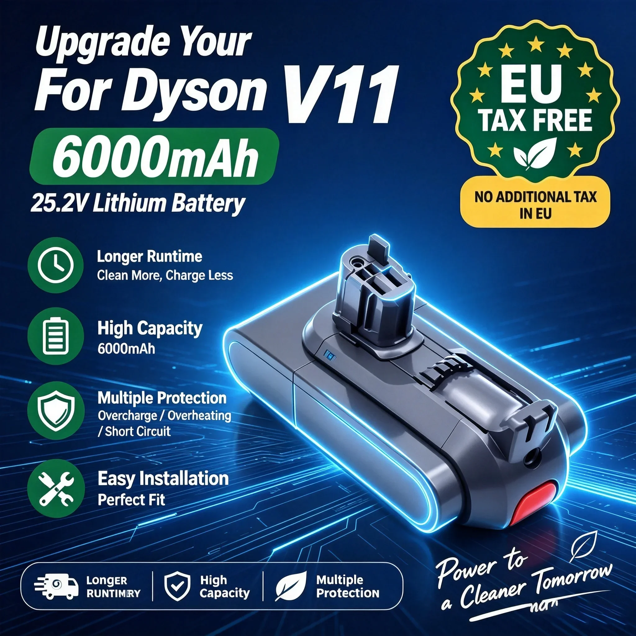 Batteria al litio ricaricabile per aspirapolvere Dyson V11 SV15 Fluffy, 25,2 V, 6000 mAh, 970145-02, ricambio con fibbia, lunga durata e molteplici protezioni di sicurezza.