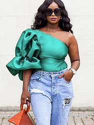 Summer Women Shiny Blouses One Shoulder Backless Puff Sleeve Tops Big Size Green Shirts 2024 Elegant Casual Party Club Wear