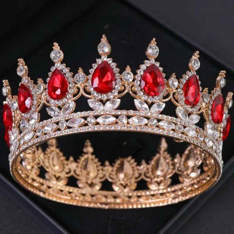 Baroque Vintage Red Crystal Rhinestone Tiaras And Crowns Queen Princess Diadems Wedding Hair Accessories Women Jewelry